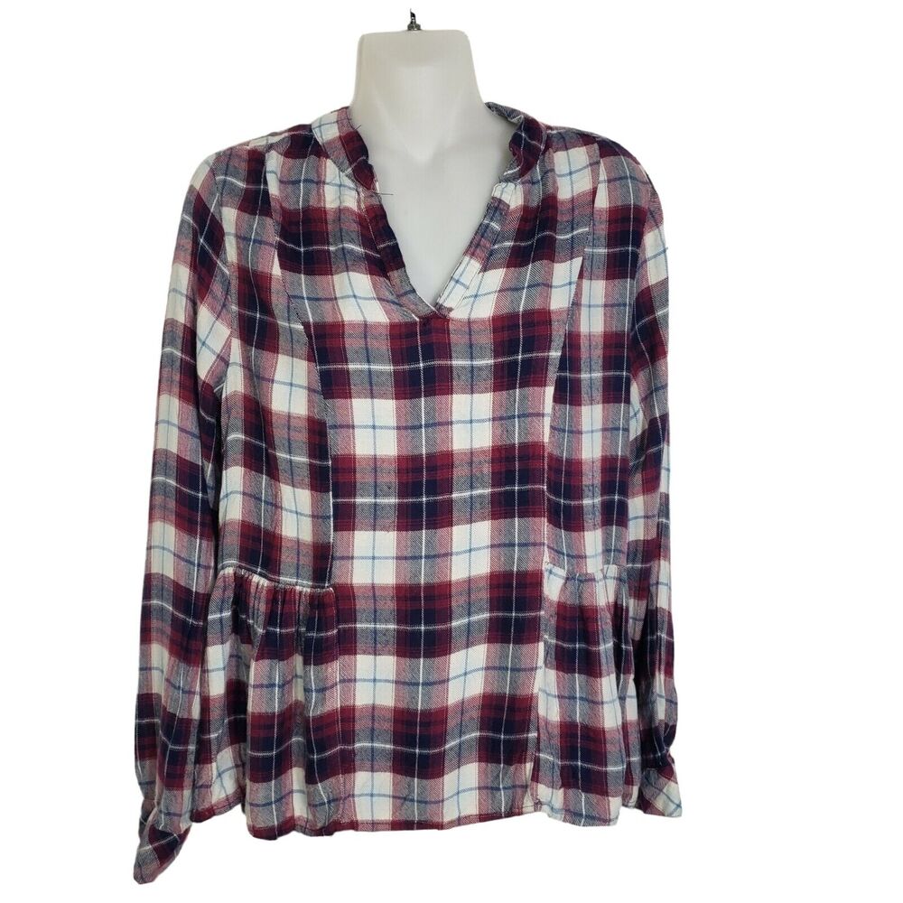 Francesca's Harper Womens Top Small Plaid Flannel Peplum V-Neck Long-Sleeve Red